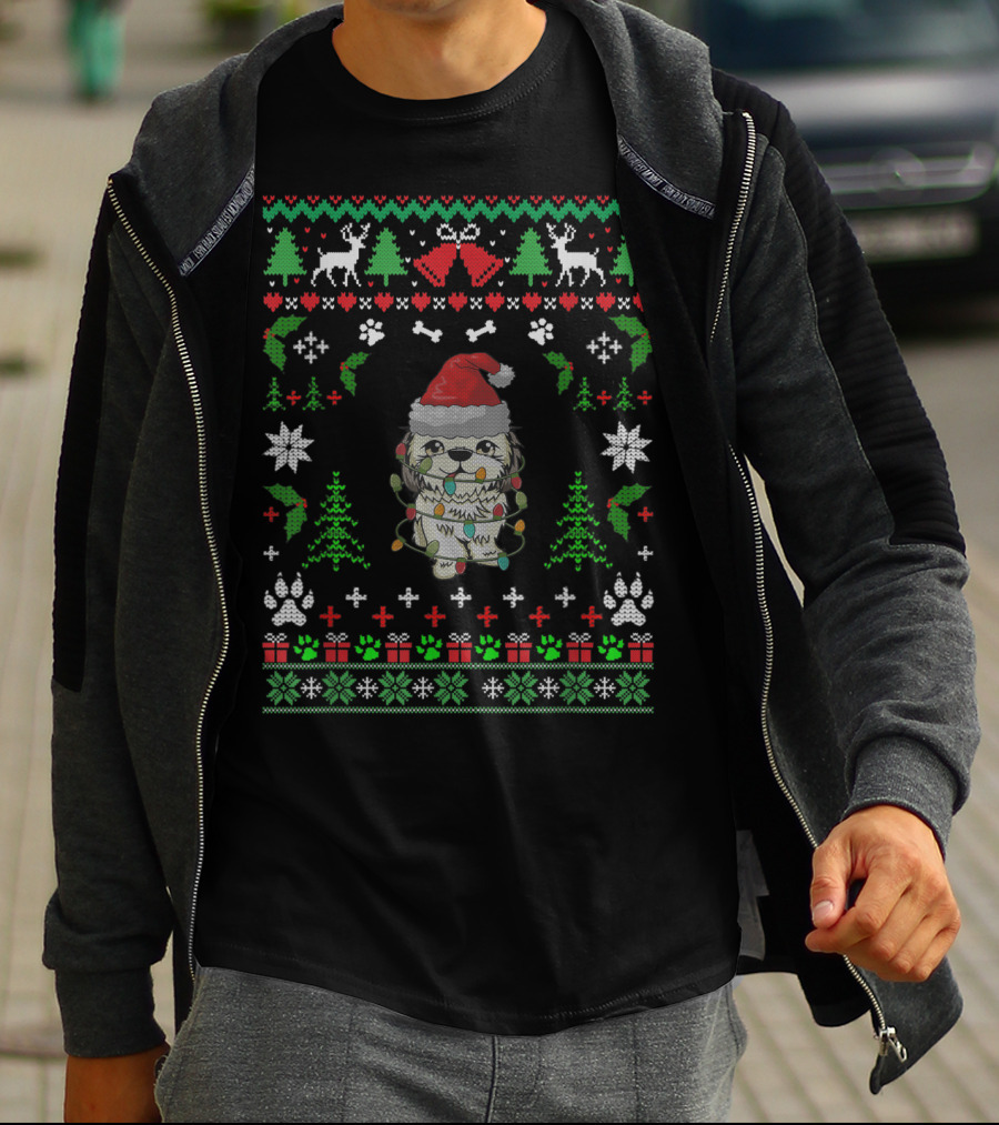 Shitzu Christmas Reindeer Santa Hat Ugly T-Shirt
