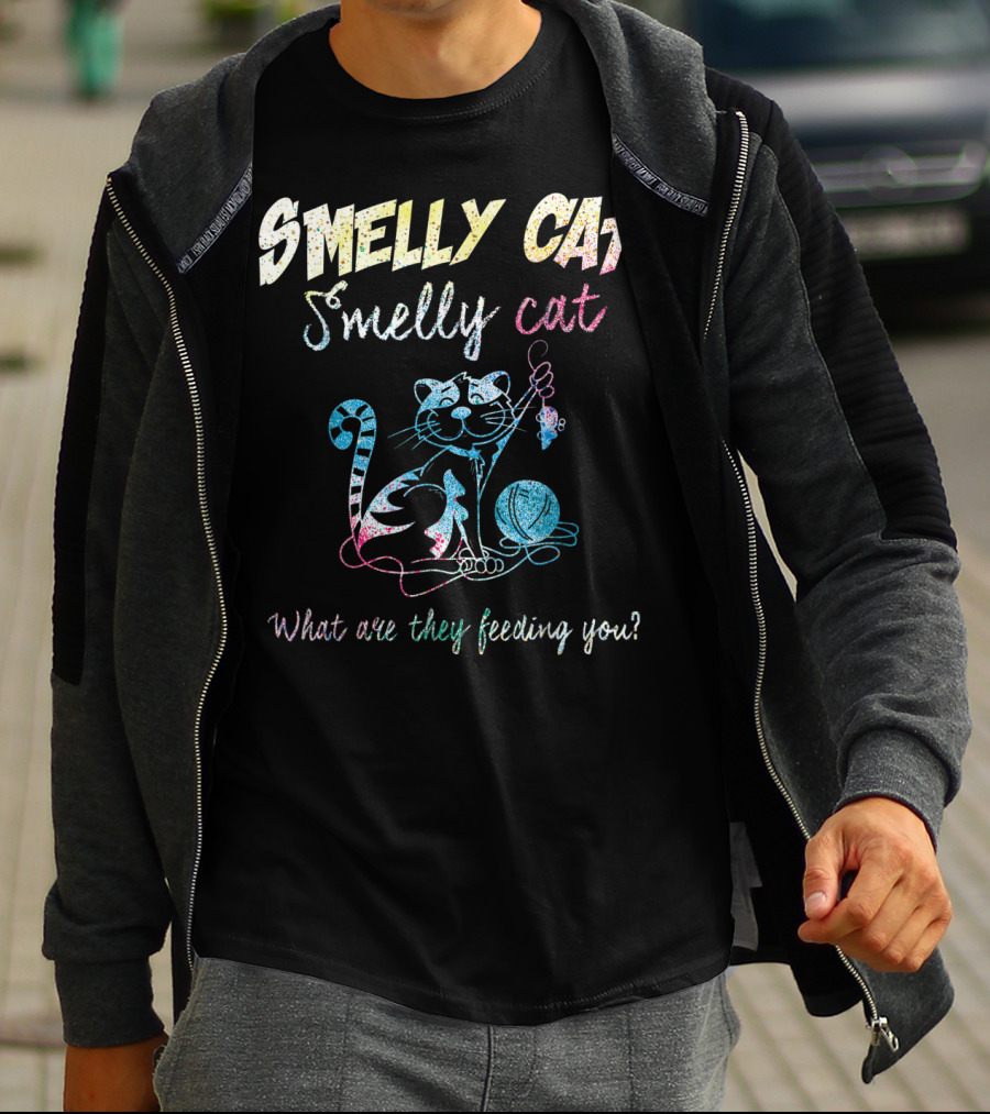 Smelly Cat Smelly Cat What Are They Feeding You Colorful Cat And Yarn T-Shirt