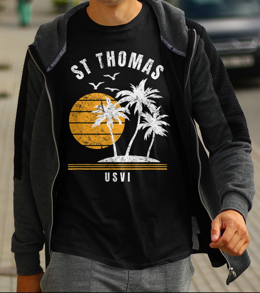 St Thomas USVI Caribbean Sunset With Palm Trees And Birds T-Shirt