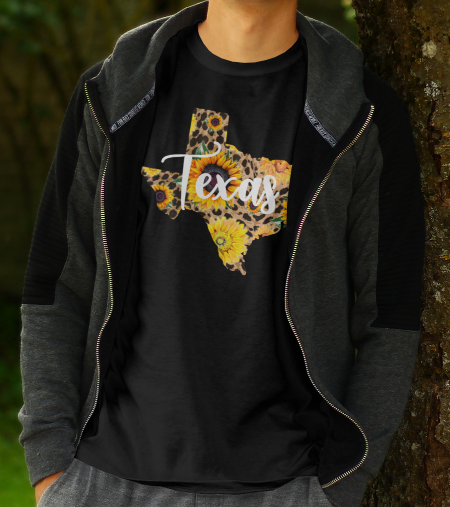 Texas Sunflower Leopard Print Wildflower State Map T-Shirt