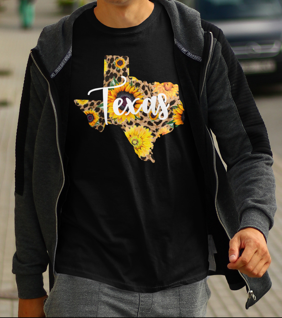 Texas Sunflower Leopard Print Wildflower State Map T-Shirt