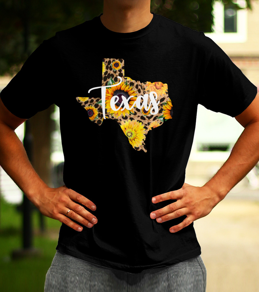 Texas Sunflower Leopard Print Wildflower State Map T-Shirt