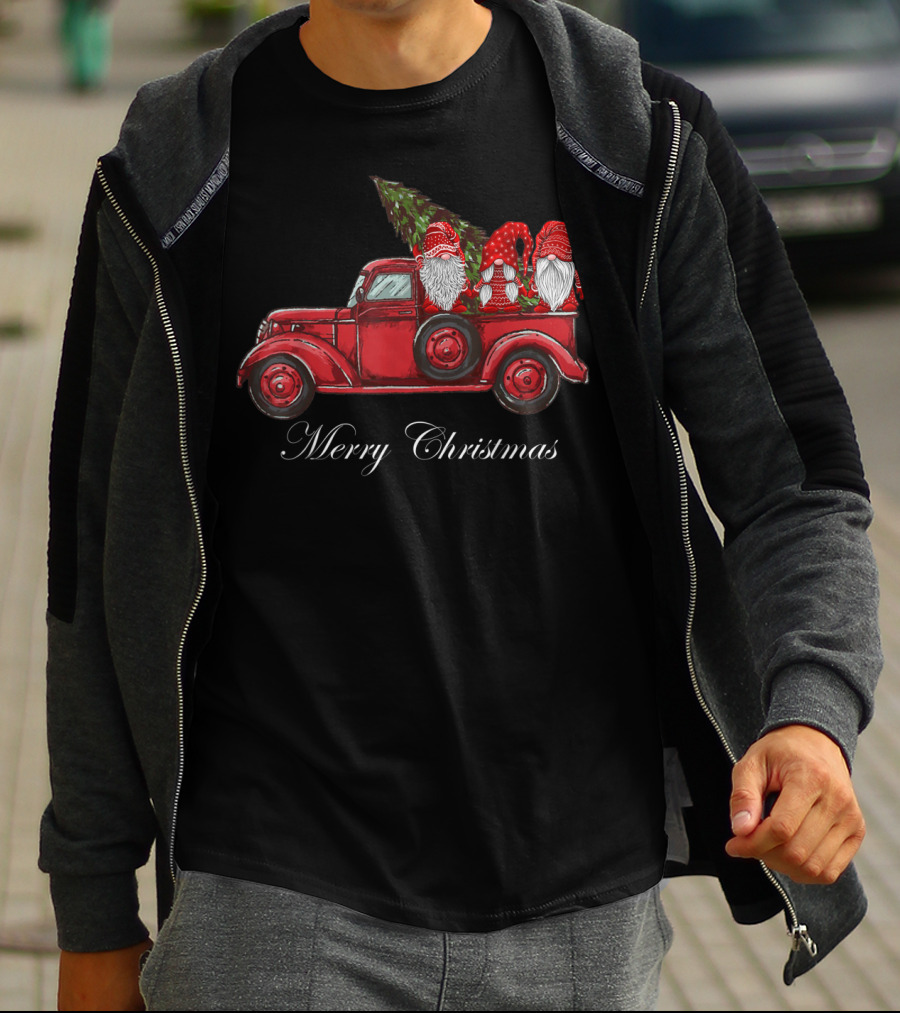 Three Gnomes In Red Truck With Merry Christmas Wishes T-Shirt