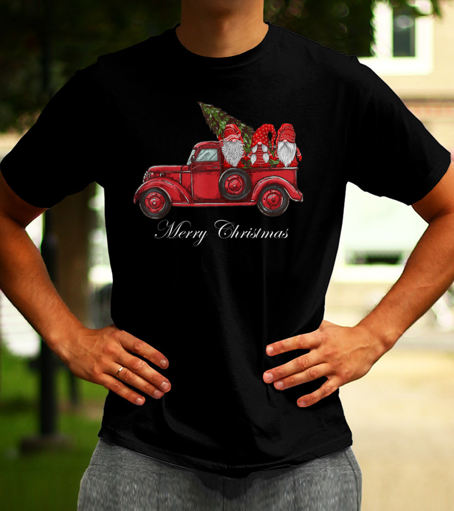 Three Gnomes In Red Truck With Merry Christmas Wishes T-Shirt