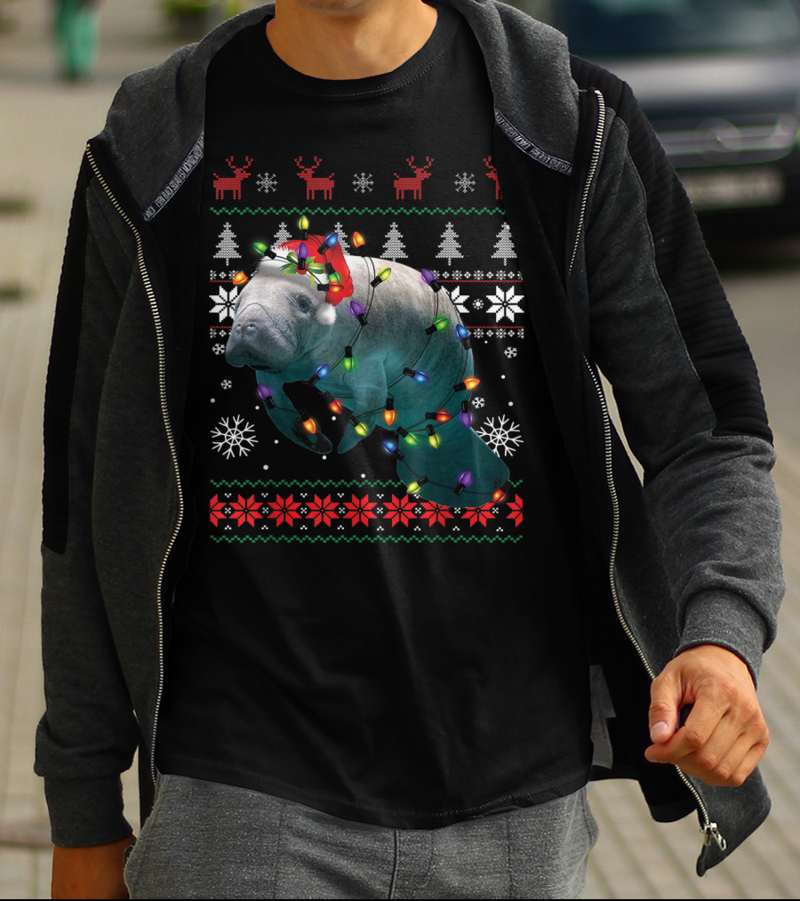 Ugly Christmas Manatee Santa Funny Mana Lover Holiday Lights T-Shirt