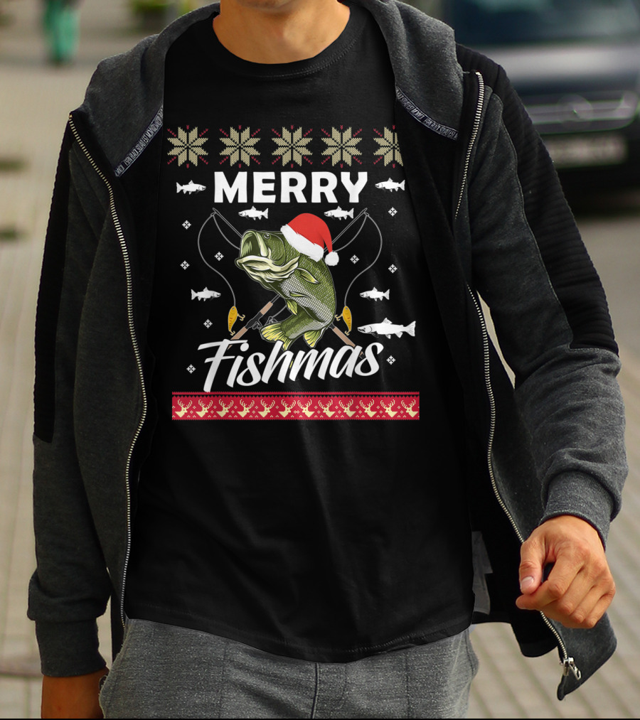 Ugly Christmas Sweater Merry Fishmas Fishing Fisherman Holiday T-Shirt