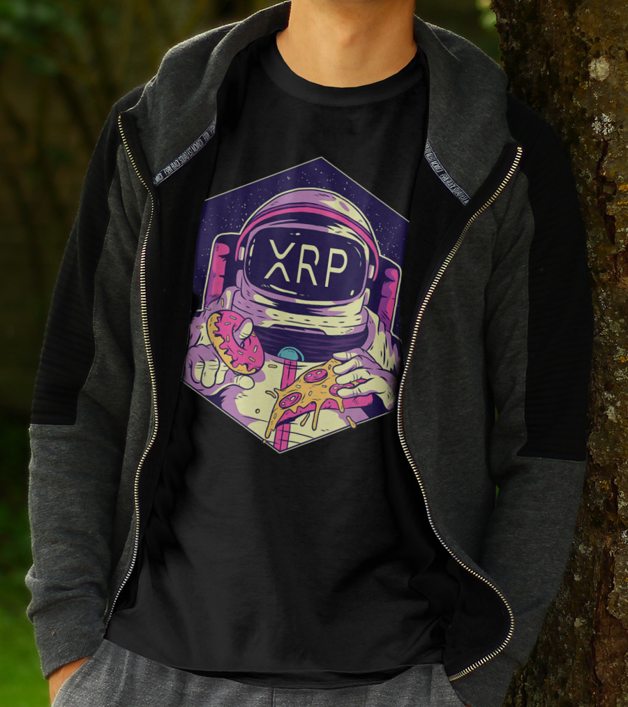 XRP Symbol Astronaut Eating Pizza And Donut Crypto Currency To The Moon T-Shirt
