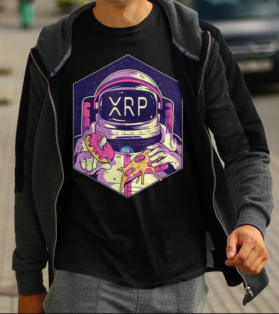 XRP Symbol Astronaut Eating Pizza And Donut Crypto Currency To The Moon T-Shirt