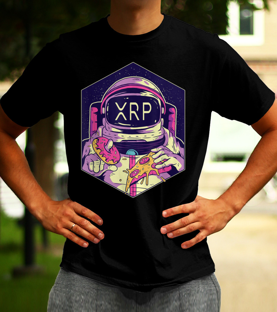 XRP Symbol Astronaut Eating Pizza And Donut Crypto Currency To The Moon T-Shirt