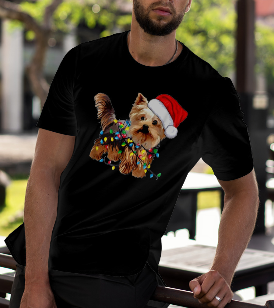 Yorkie Christmas Lights Santa Hat T-Shirt