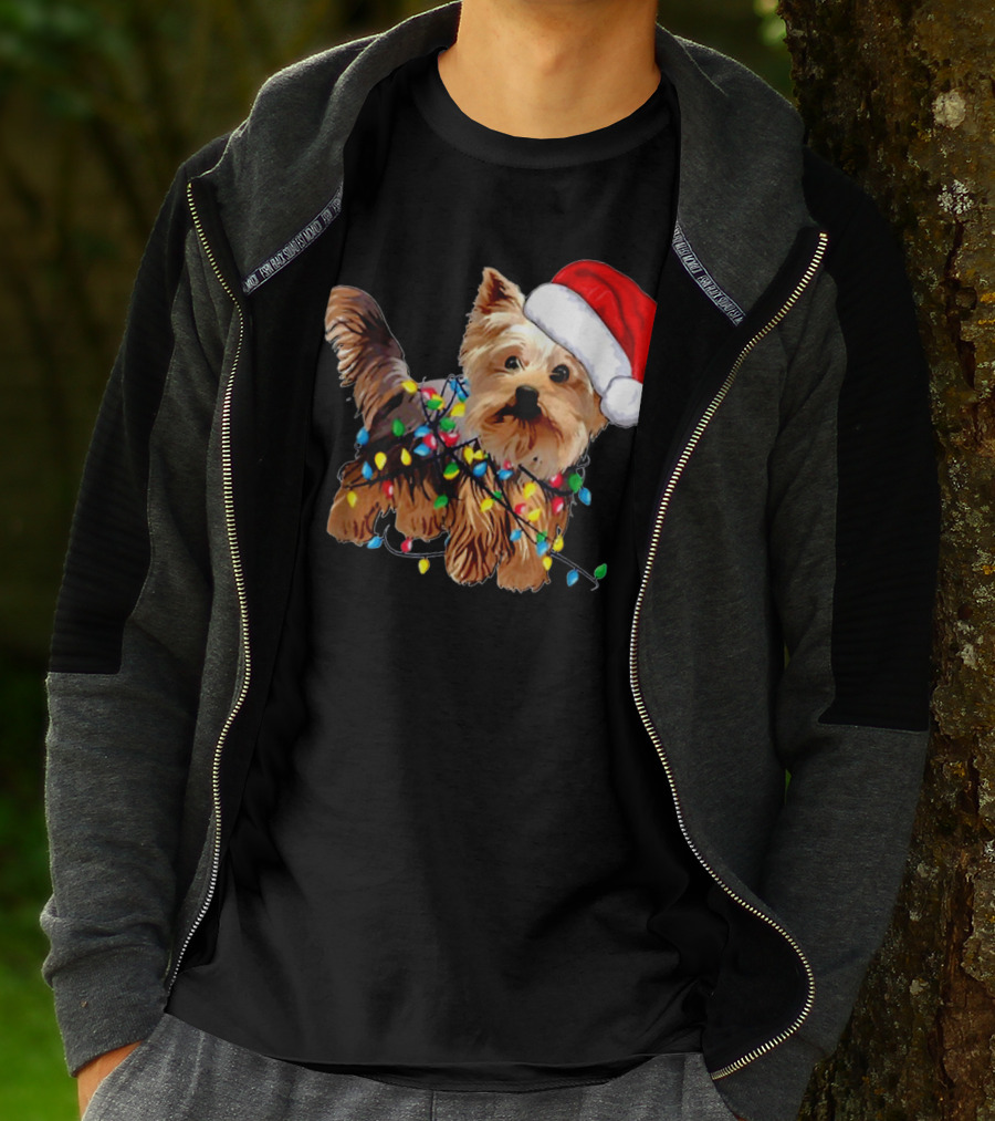 Yorkie Christmas Lights Santa Hat T-Shirt