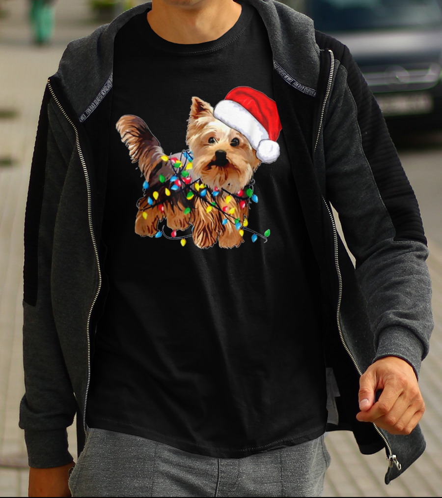 Yorkie Christmas Lights Santa Hat T-Shirt