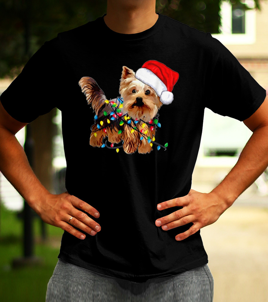 Yorkie Christmas Lights Santa Hat T-Shirt