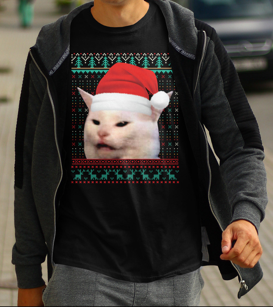 Cat Ugly Santa Hat Christmas Sweater Meme T-Shirt