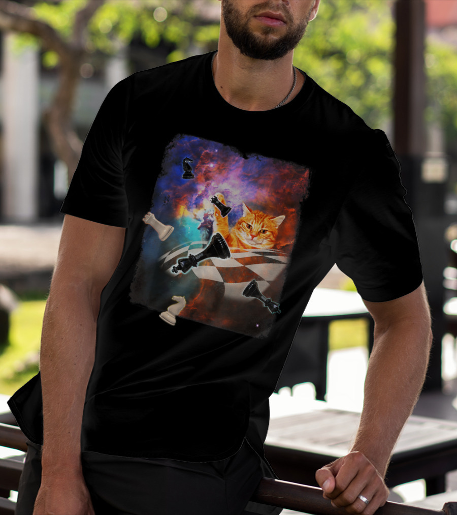 Chess Cat Floating Between Stars And Nebula With Chess Pieces T-Shirt