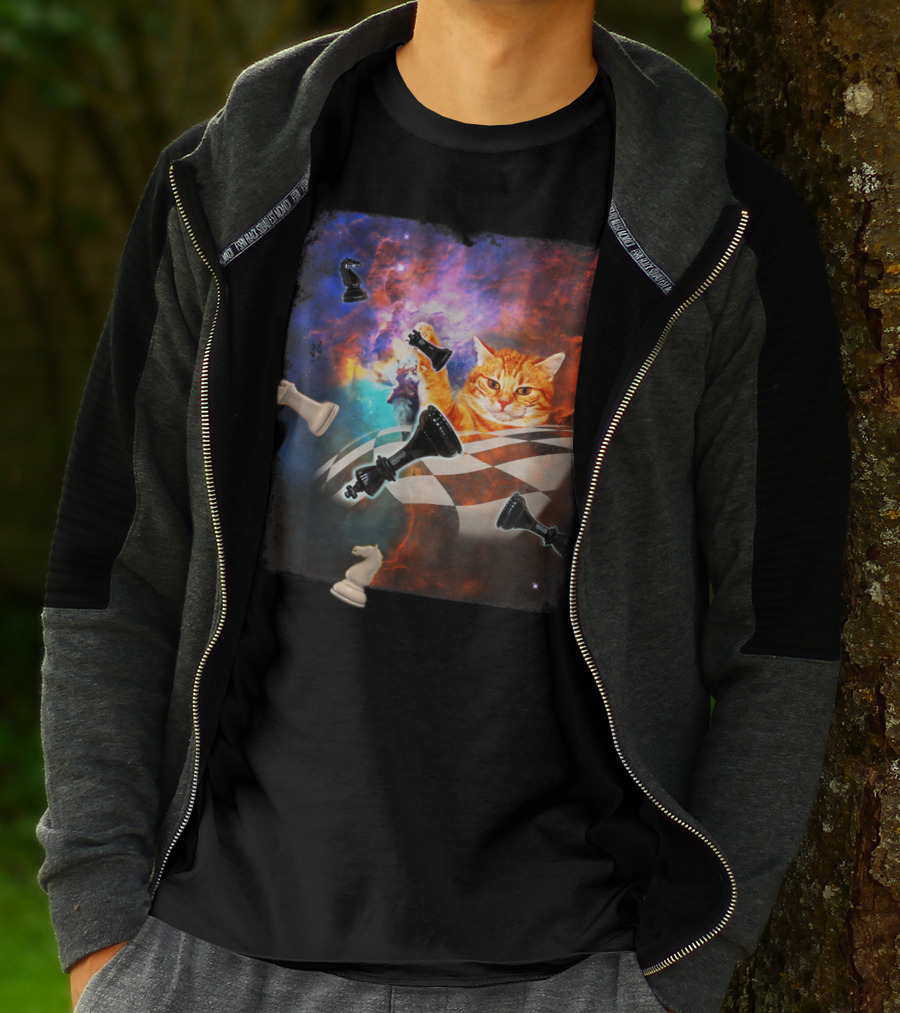 Chess Cat Floating Between Stars And Nebula With Chess Pieces T-Shirt