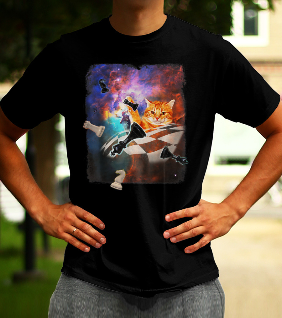 Chess Cat Floating Between Stars And Nebula With Chess Pieces T-Shirt