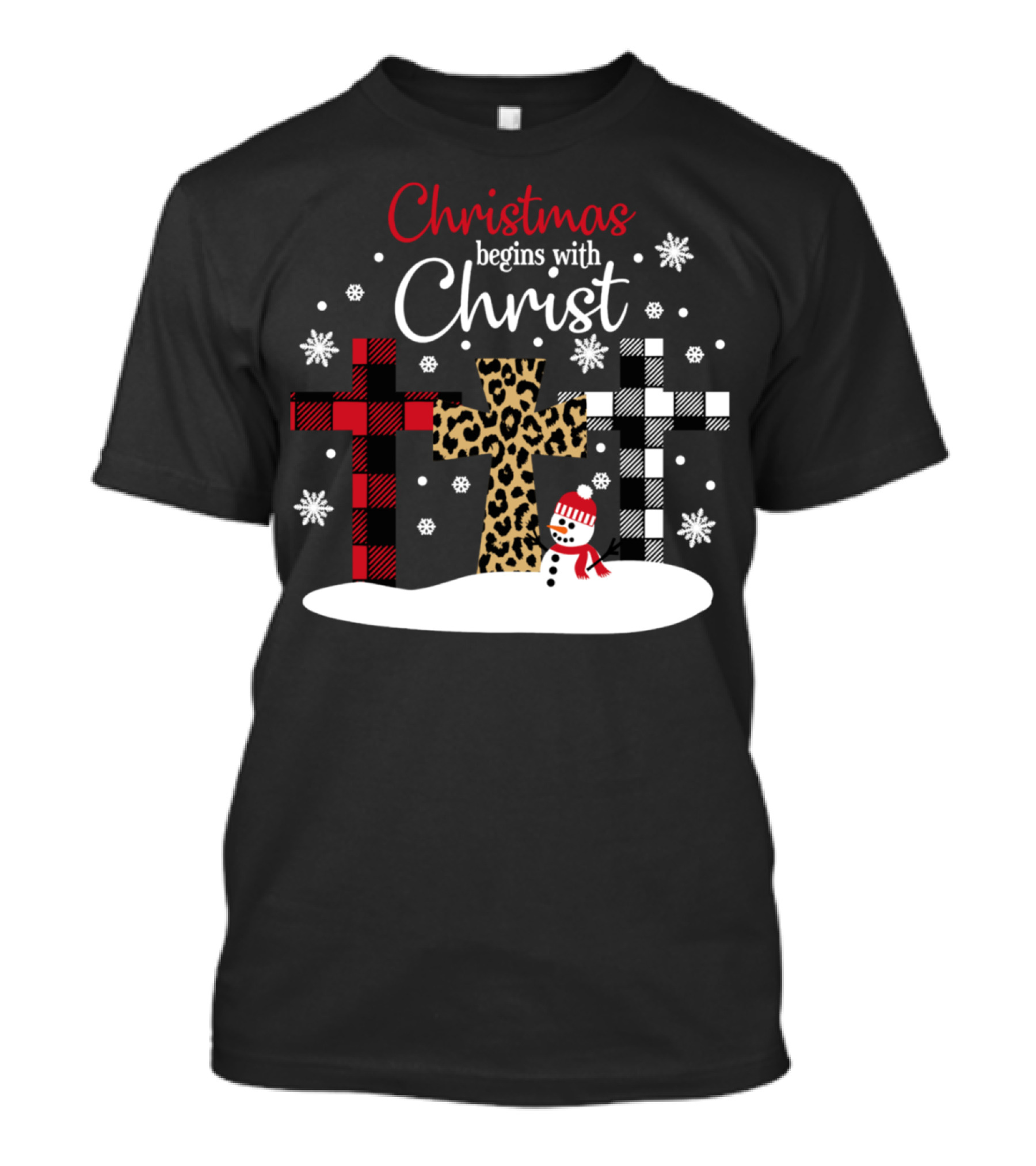 Christmas Begins With Christ Snowman And Patterned Crosses T-Shirt