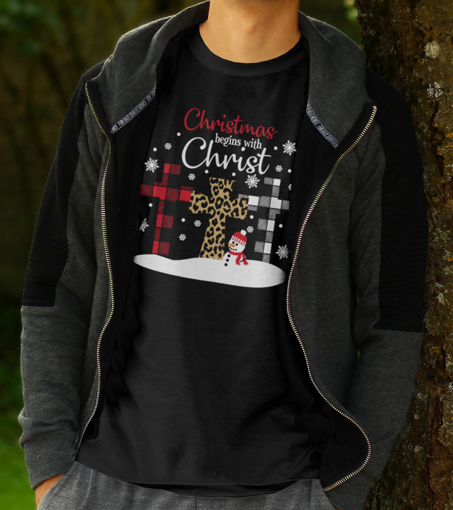 Christmas Begins With Christ Snowman And Patterned Crosses T-Shirt