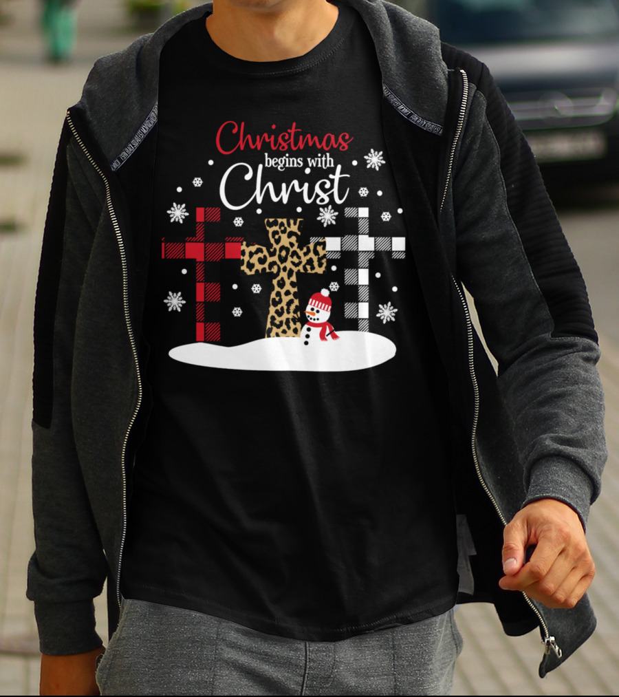 Christmas Begins With Christ Snowman And Patterned Crosses T-Shirt