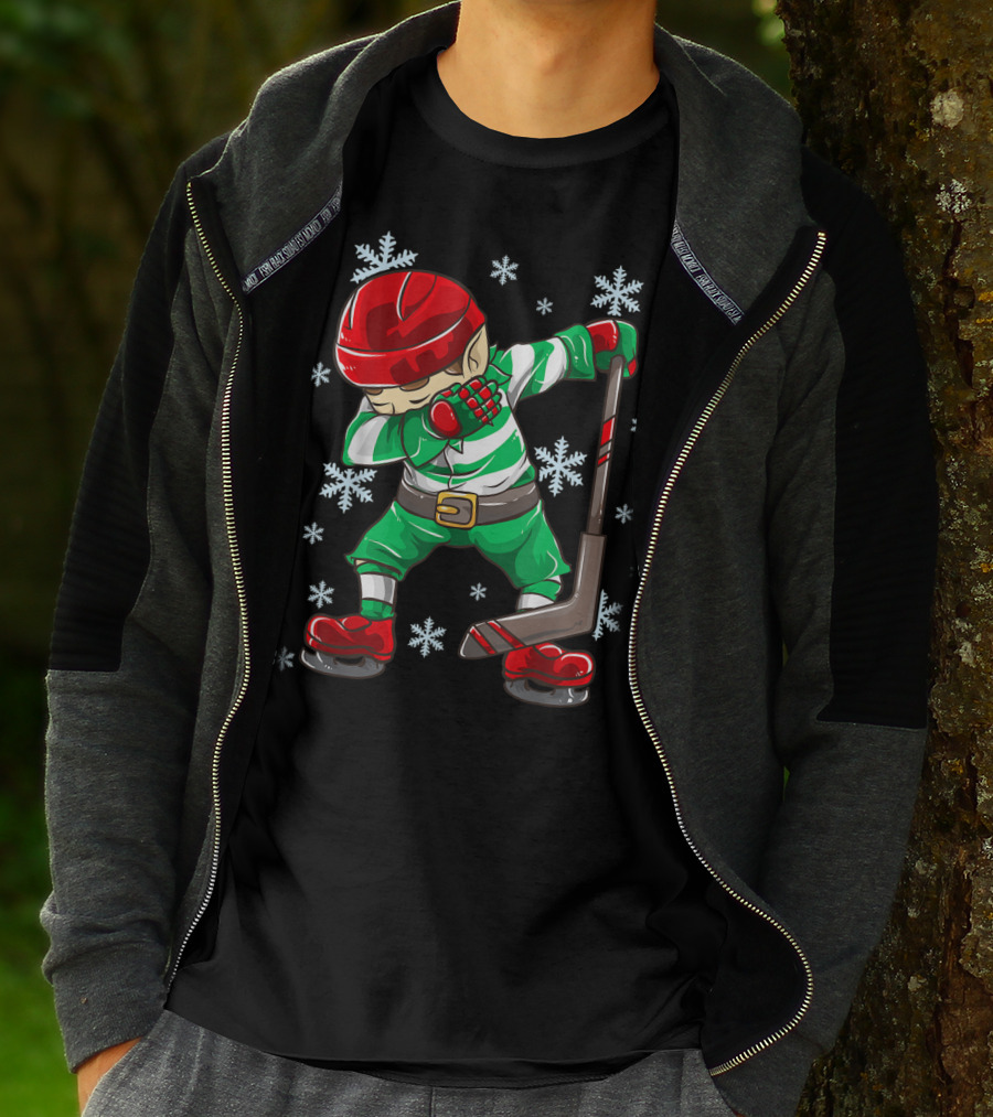 Christmas Elf Dabbing Ice Hockey Snowflake Squad T-Shirt