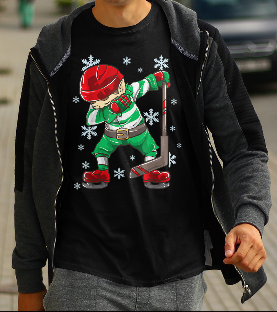 Christmas Elf Dabbing Ice Hockey Snowflake Squad T-Shirt