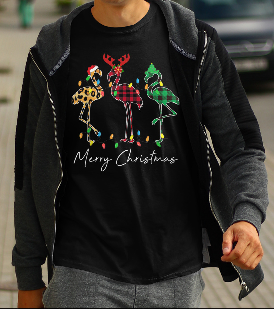 Merry Christmas Flamingo Santa Hat Reindeer Horns Xmas Light T-Shirt