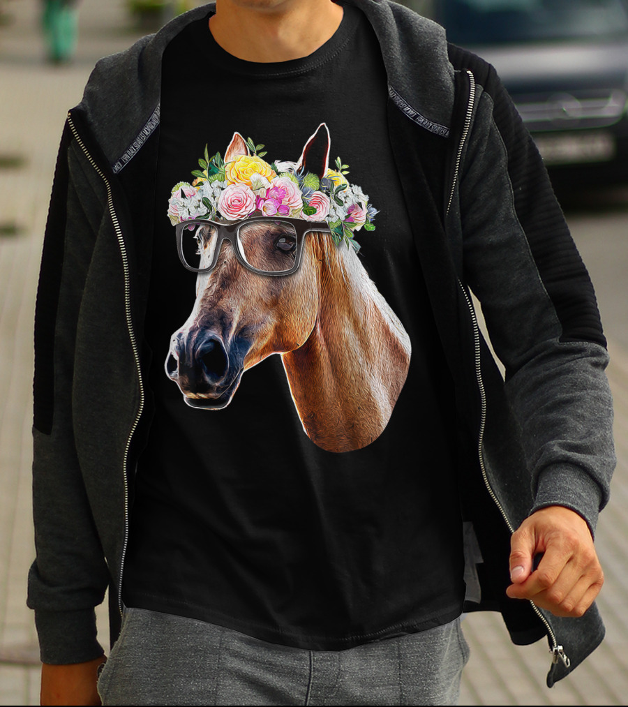 Floral Horse With Glasses Equestrian Farm Riding T-Shirt