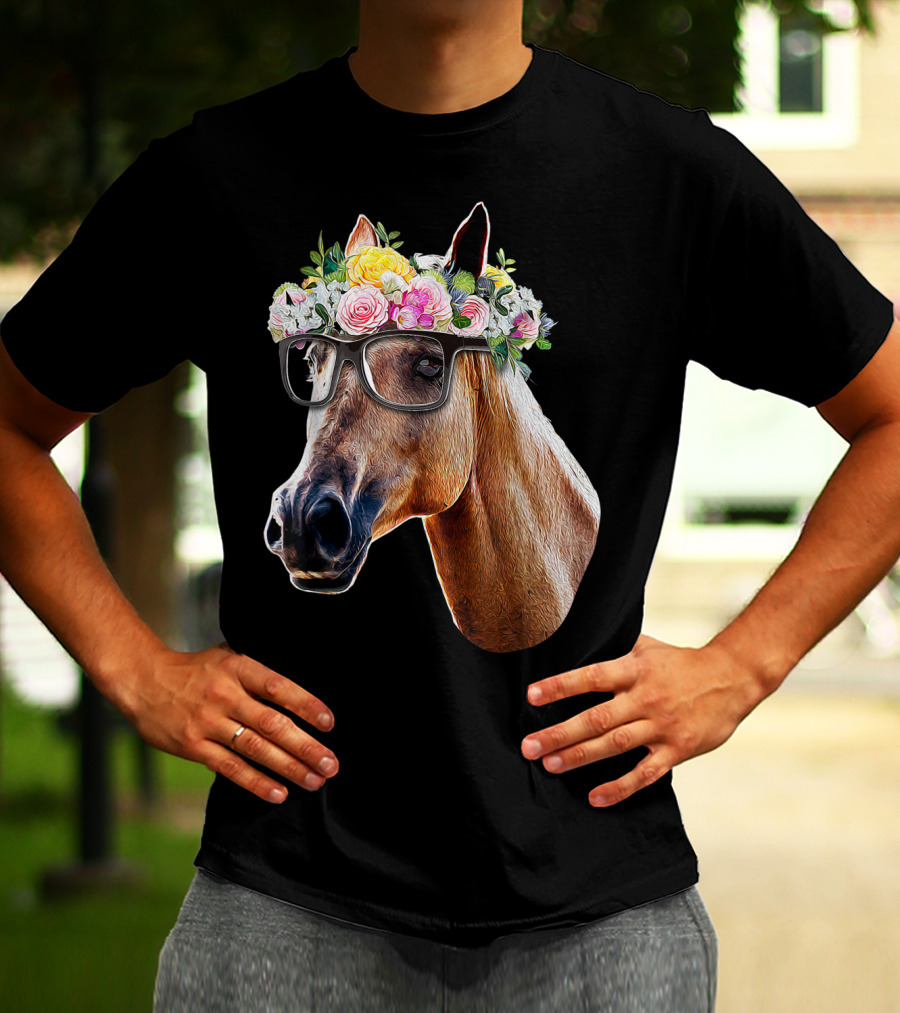 Floral Horse With Glasses Equestrian Farm Riding T-Shirt