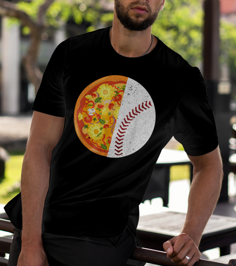 Funny Baseball Lover Eat Pizza Half Sport Pizza Baseball T-Shirt
