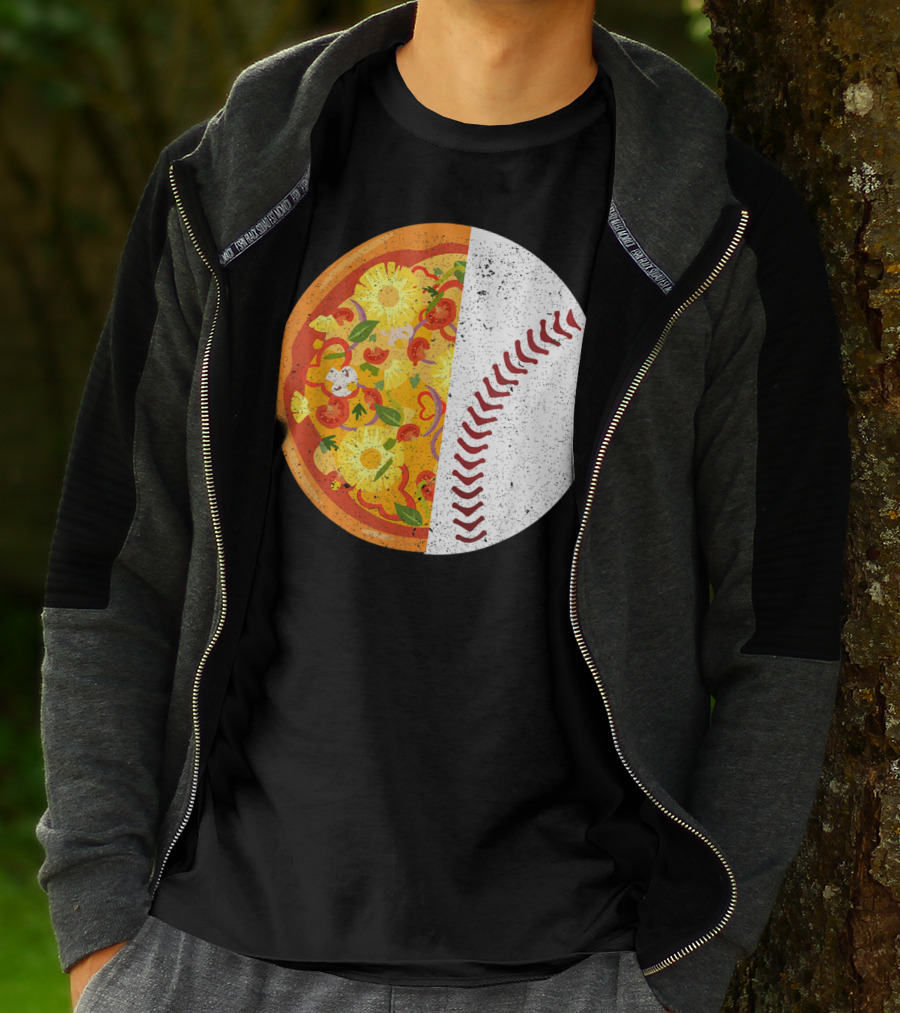 Funny Baseball Lover Eat Pizza Half Sport Pizza Baseball T-Shirt