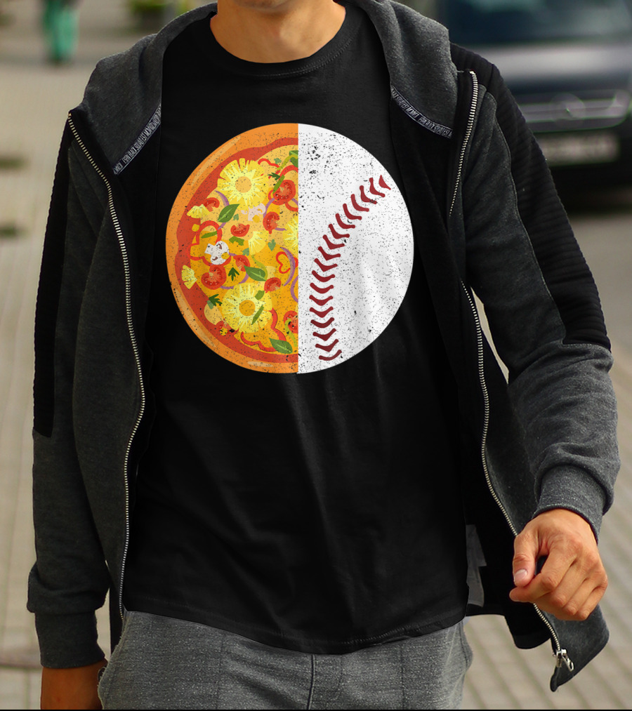 Funny Baseball Lover Eat Pizza Half Sport Pizza Baseball T-Shirt