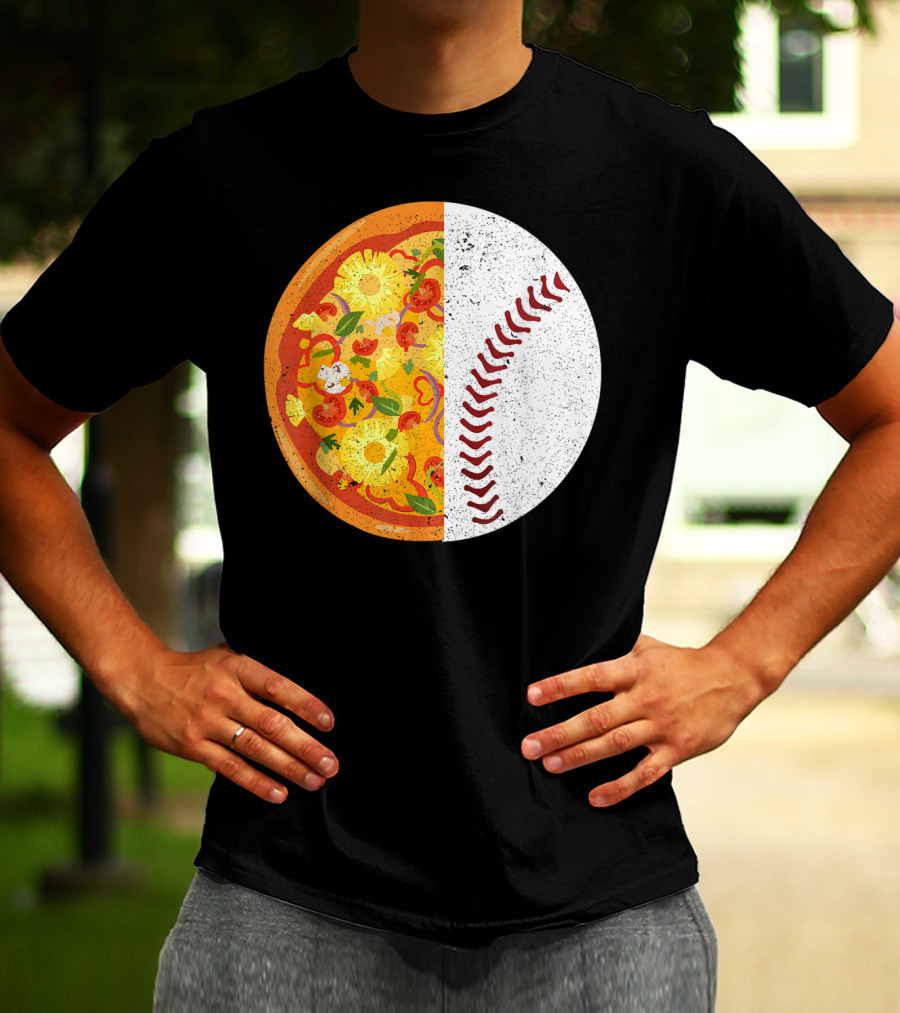 Funny Baseball Lover Eat Pizza Half Sport Pizza Baseball T-Shirt