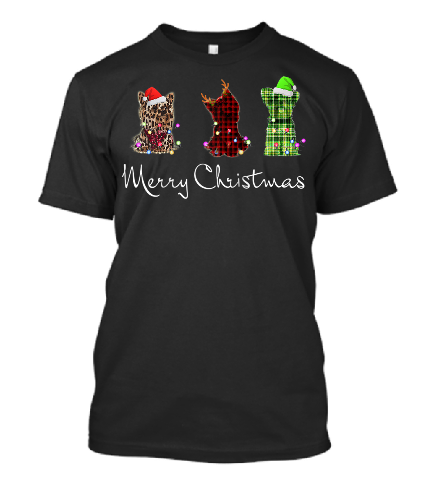 Merry Christmas Three Yorkshire Terriers Leopard Red Green Checkered T-Shirt