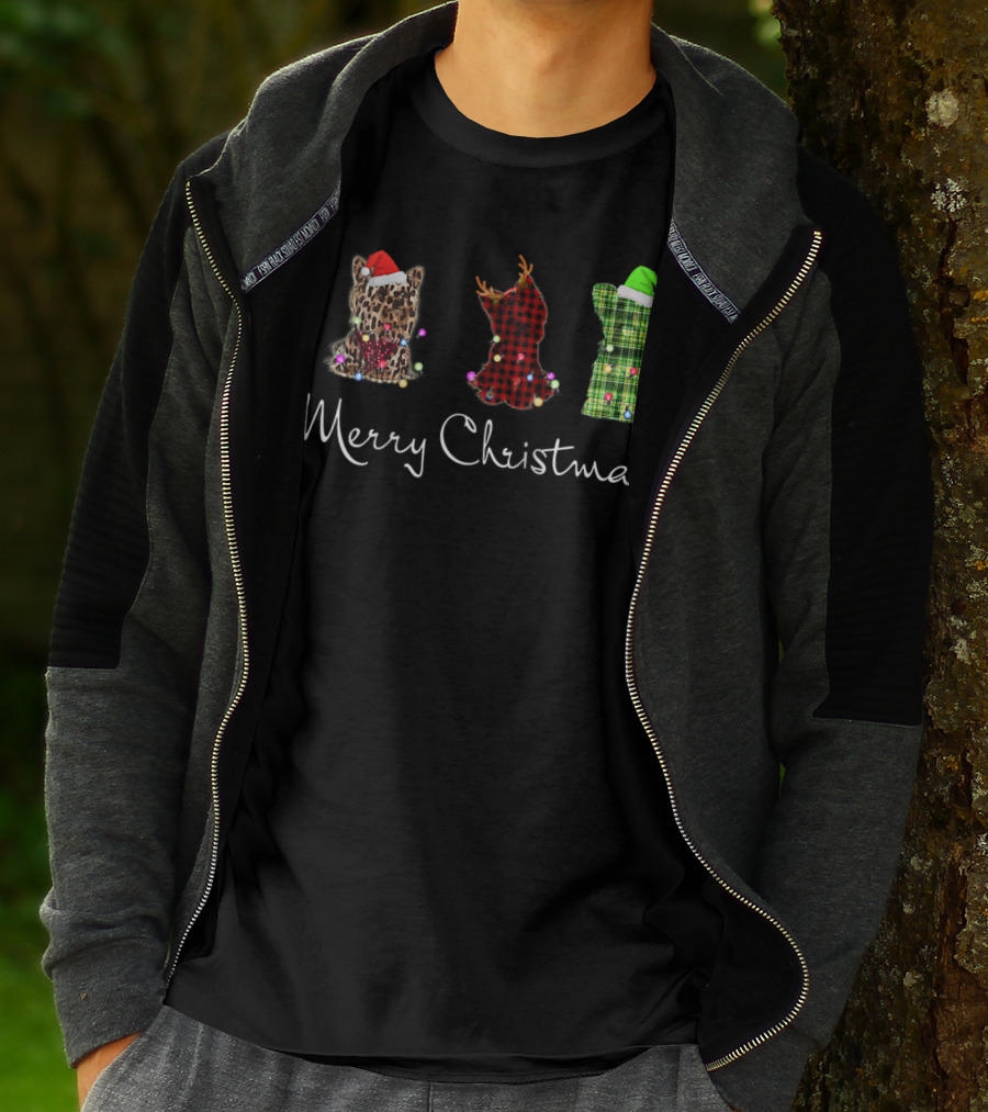 Merry Christmas Three Yorkshire Terriers Leopard Red Green Checkered T-Shirt