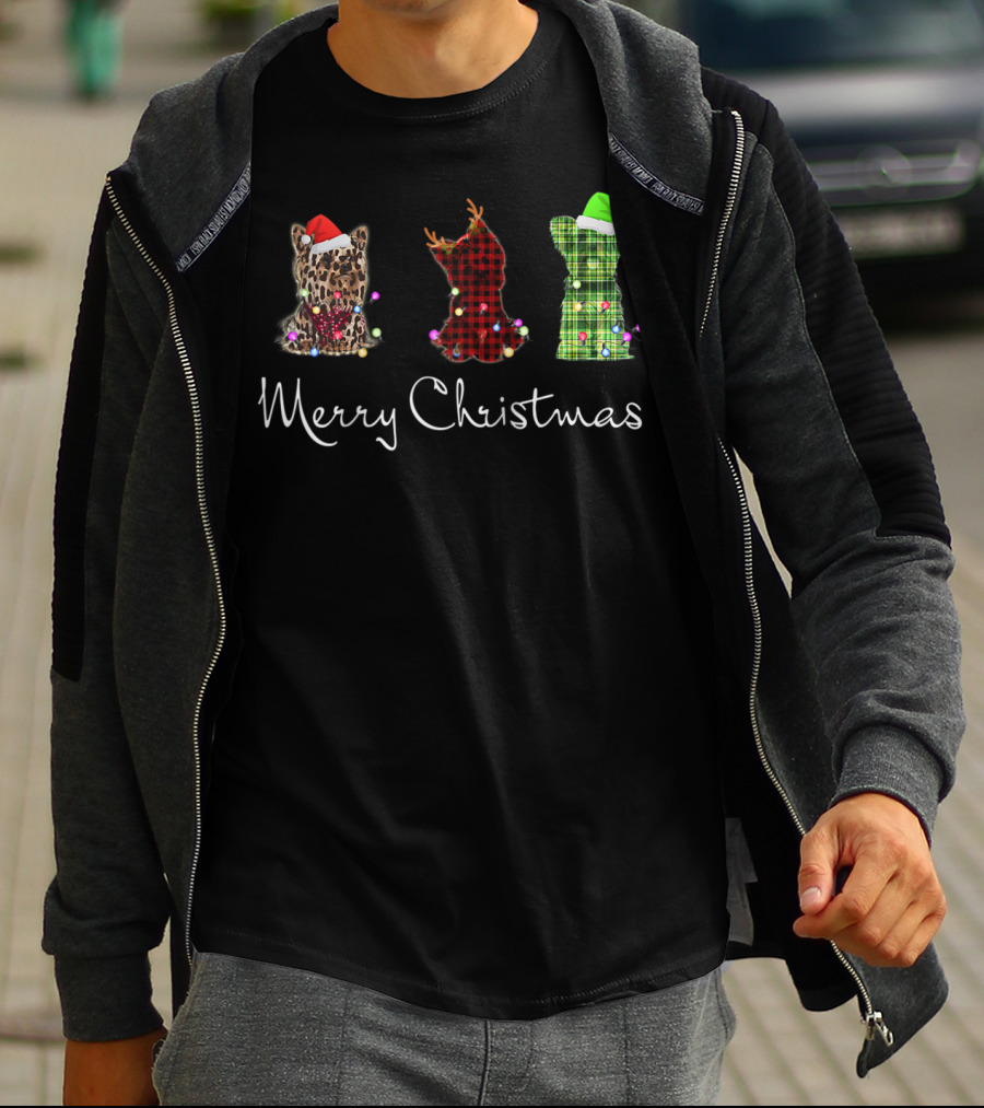 Merry Christmas Three Yorkshire Terriers Leopard Red Green Checkered T-Shirt
