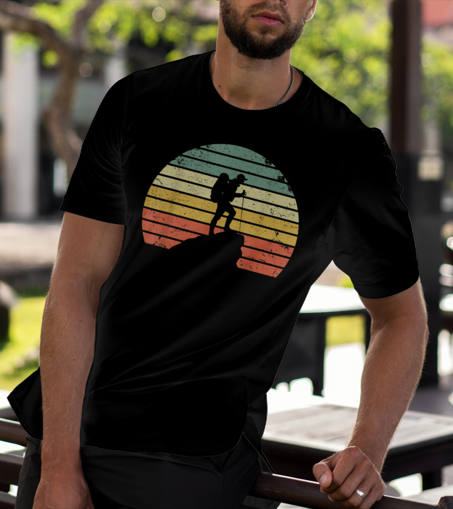 Retro Hiking Hiker Silhouette On Mountain Rock And Sunset Stripes T-Shirt