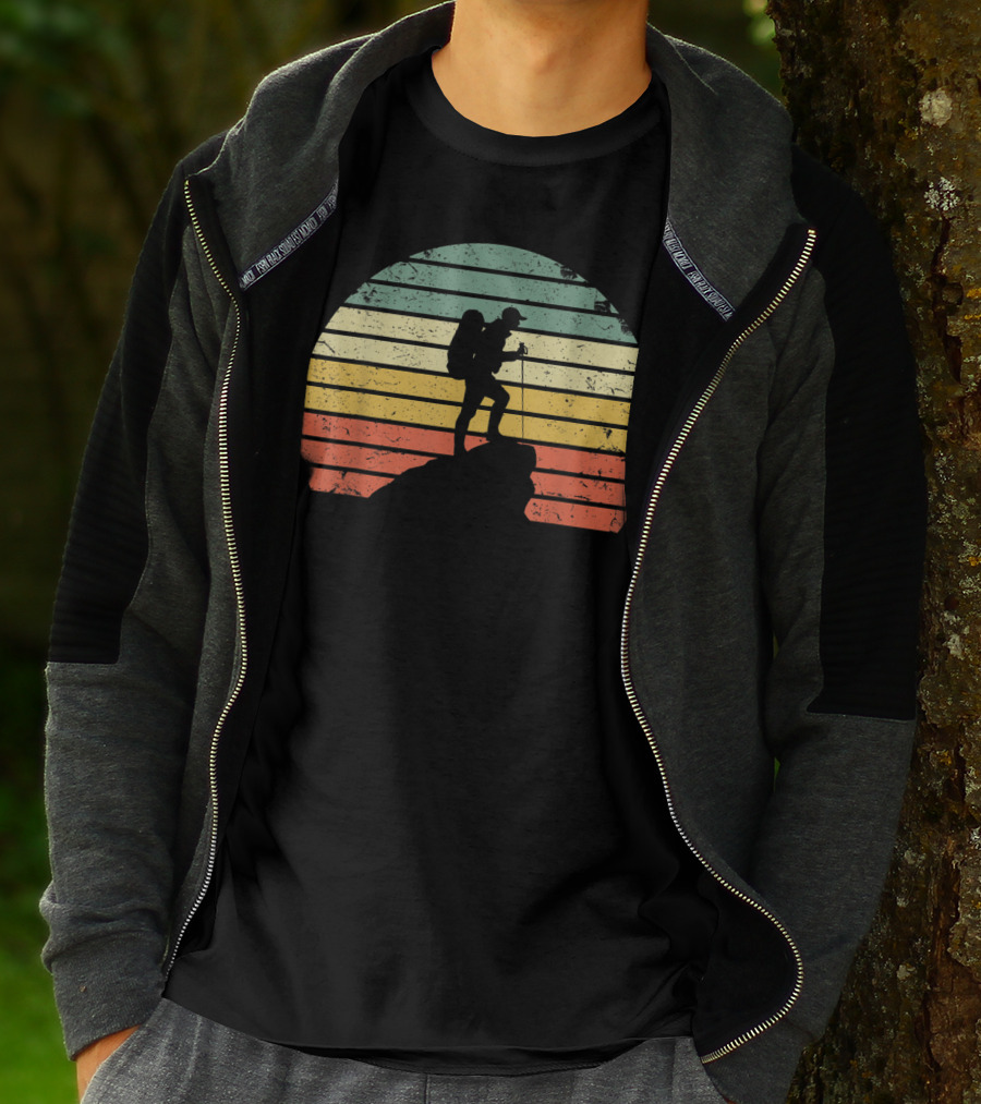 Retro Hiking Hiker Silhouette On Mountain Rock And Sunset Stripes T-Shirt