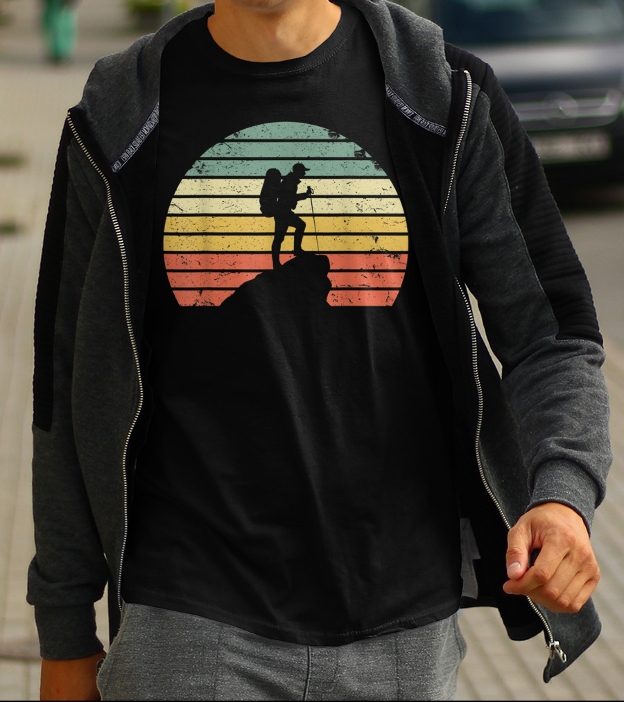 Retro Hiking Hiker Silhouette On Mountain Rock And Sunset Stripes T-Shirt