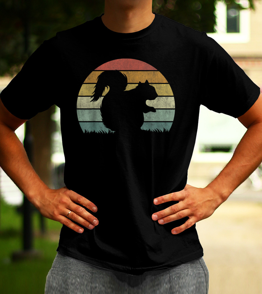 Vintage Sunset Squirrel Silhouette Stripes Retro Chestnut T-Shirt