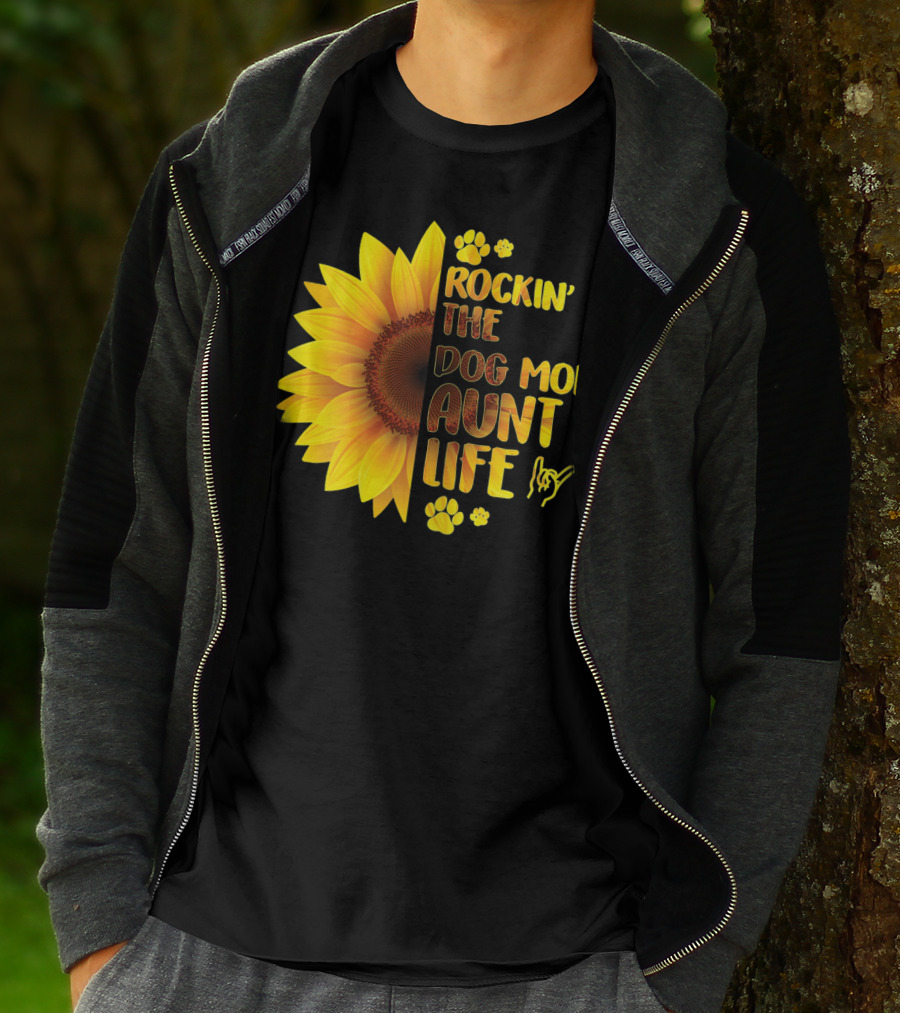 Rockin' The Dog Mom Aunt Life Sunflower Paw Prints T-Shirt