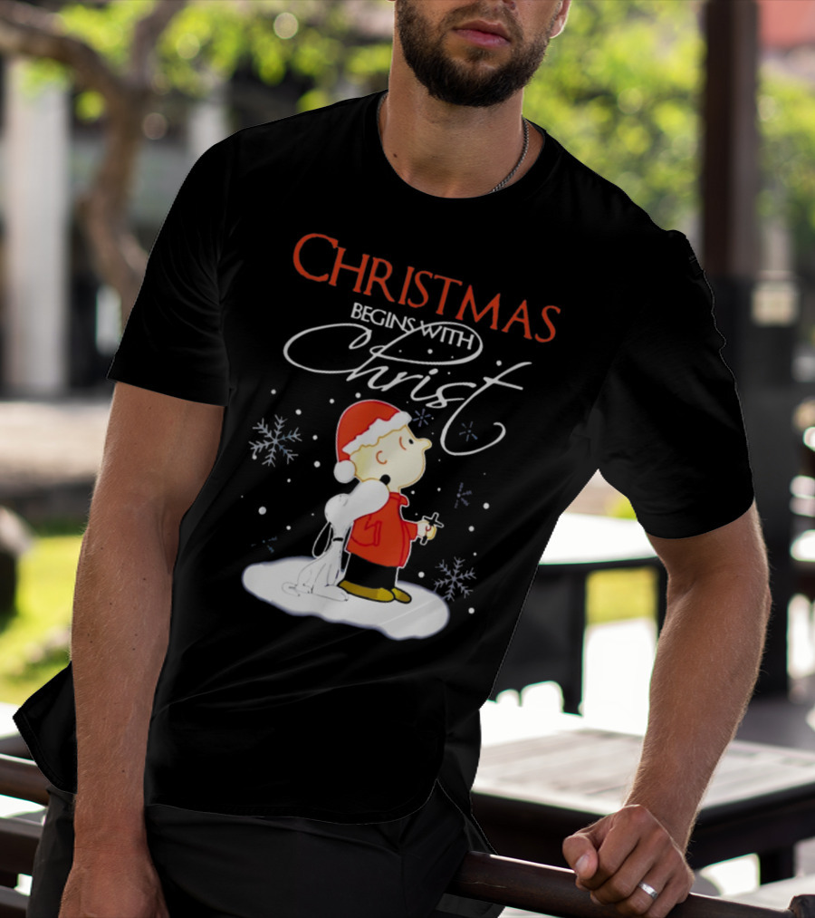 Christmas Begins With Christ Xmas Holiday Boy And Dog With Snowflakes T-Shirt