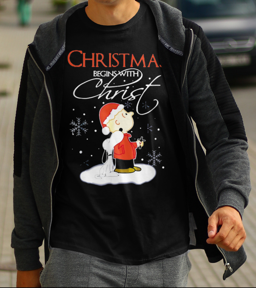 Christmas Begins With Christ Xmas Holiday Boy And Dog With Snowflakes T-Shirt