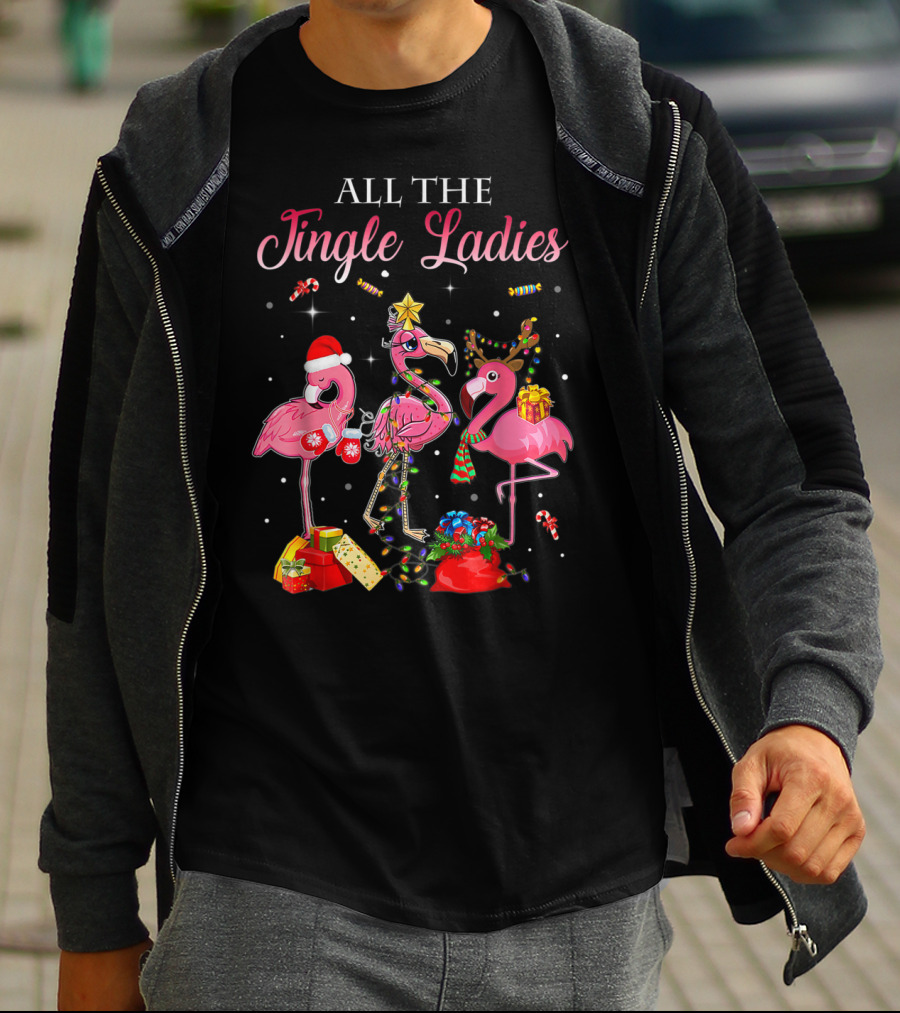 All The Jingle Ladies Christmas Pink Flamingo Santa Hats Presents Lights T-Shirt