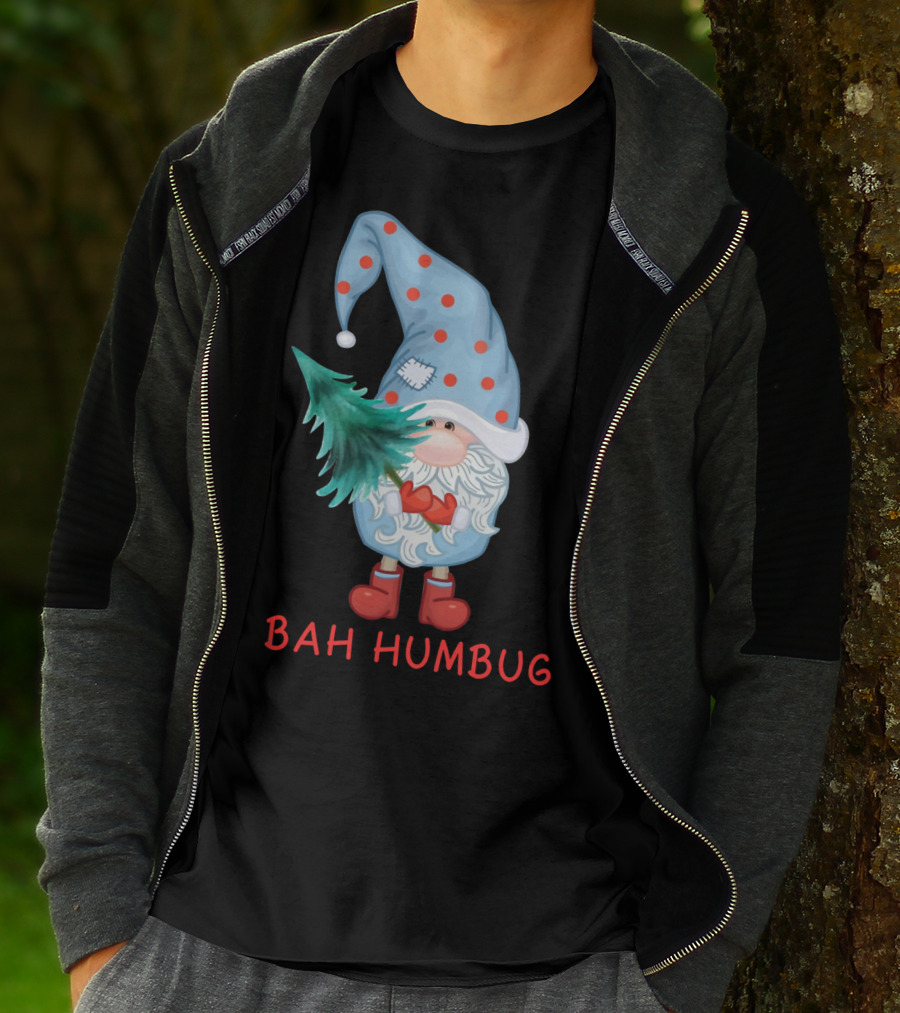 Bah Humbug Christmas Gnome With Festive Hat And Tree T-Shirt
