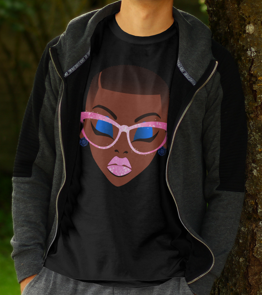 Beautiful Afro Black Girl With Natural Hair Pink Sparkle Glasses T-Shirt