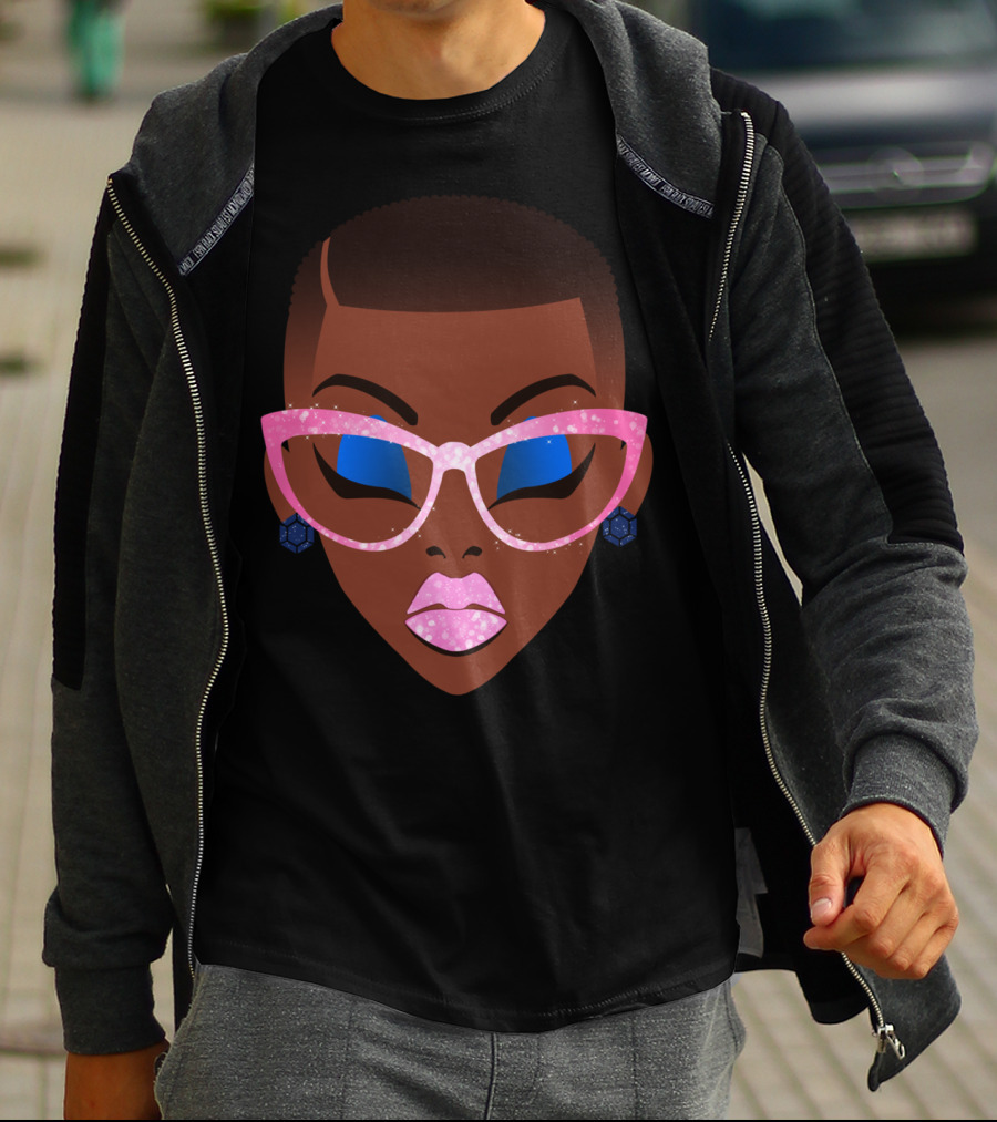Beautiful Afro Black Girl With Natural Hair Pink Sparkle Glasses T-Shirt