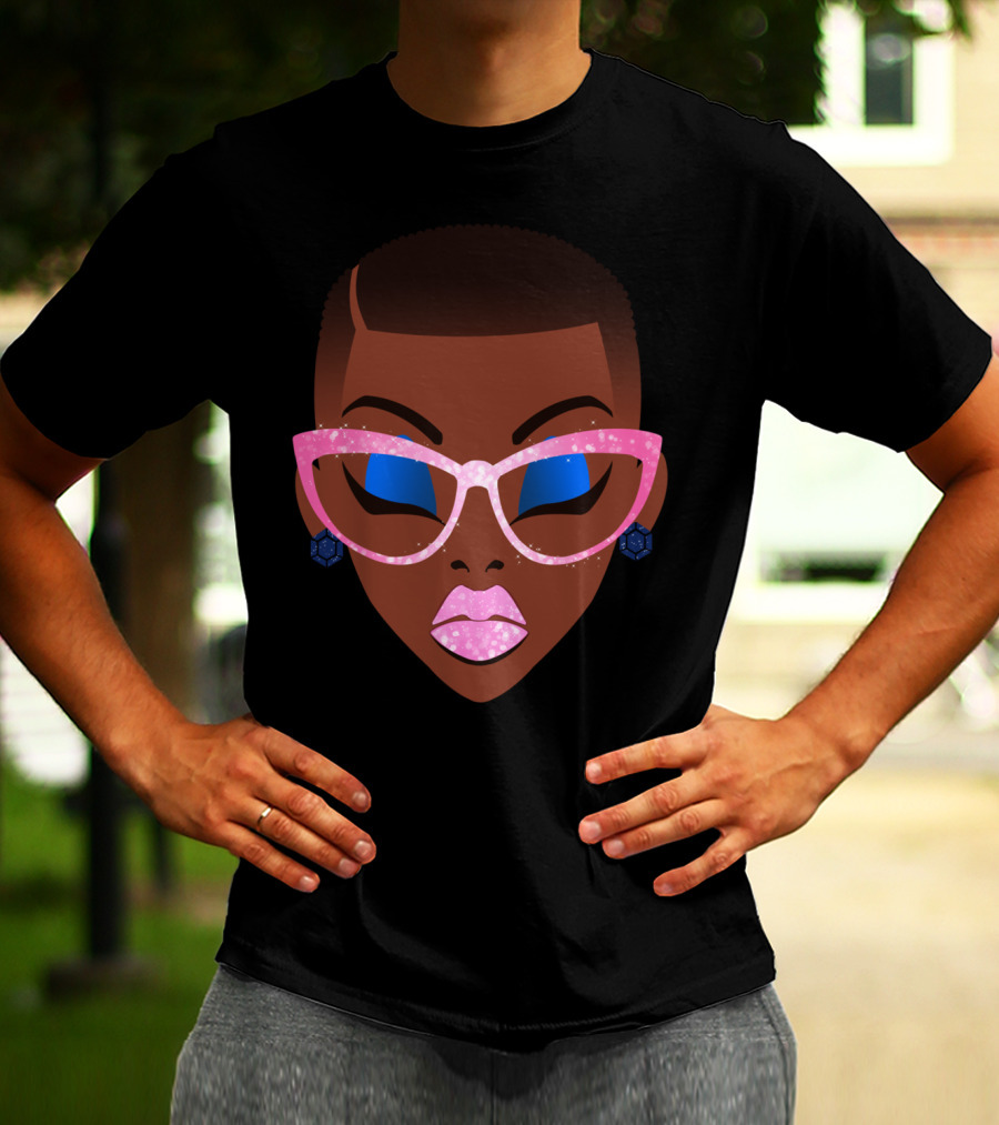 Beautiful Afro Black Girl With Natural Hair Pink Sparkle Glasses T-Shirt