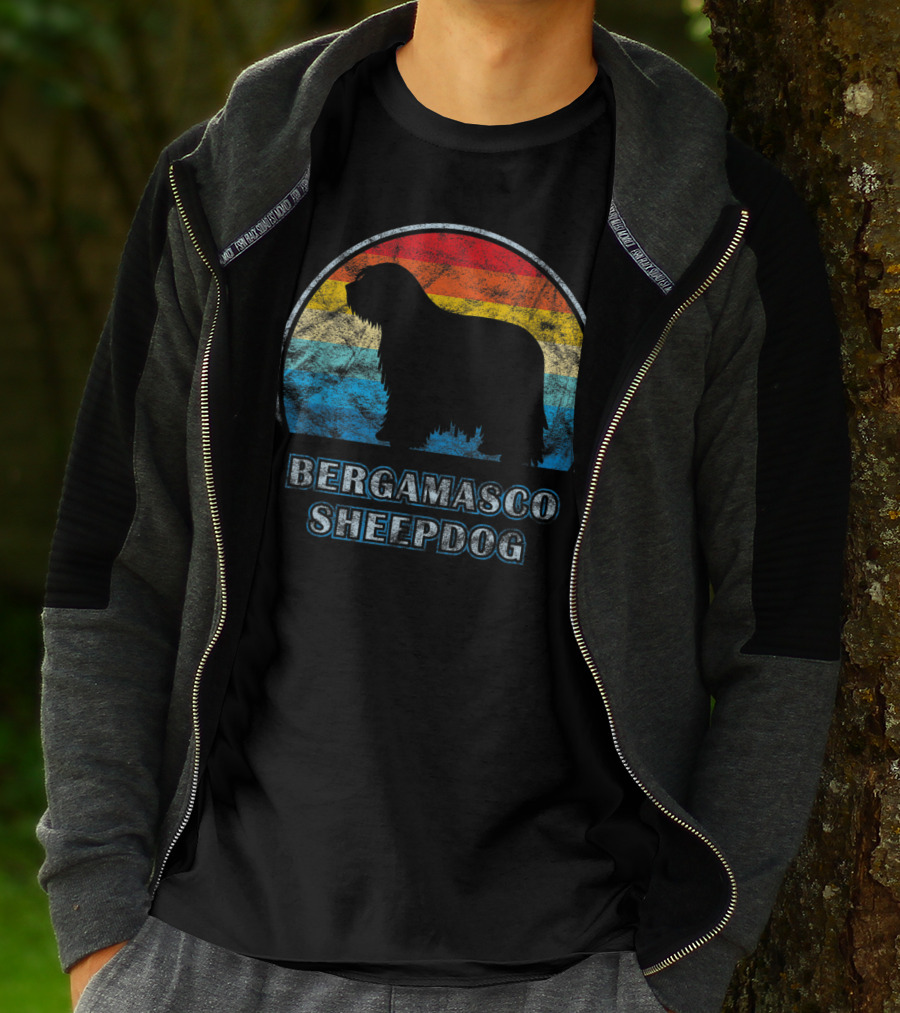 Bergamasco Sheepdog Retro Silhouette Vintage Stripes T-Shirt