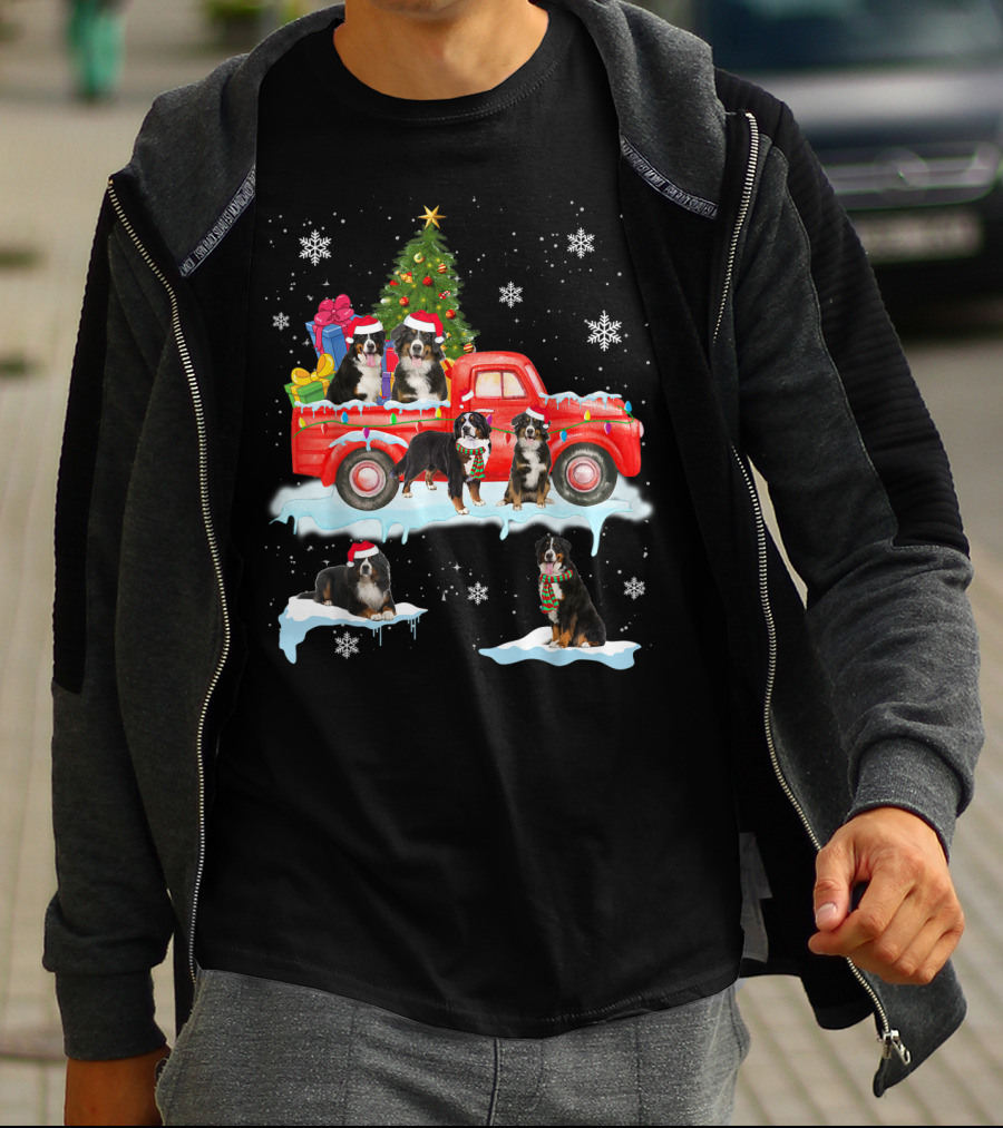 Bernese Mountain Dogs Christmas Red Truck Snowflakes T-Shirt